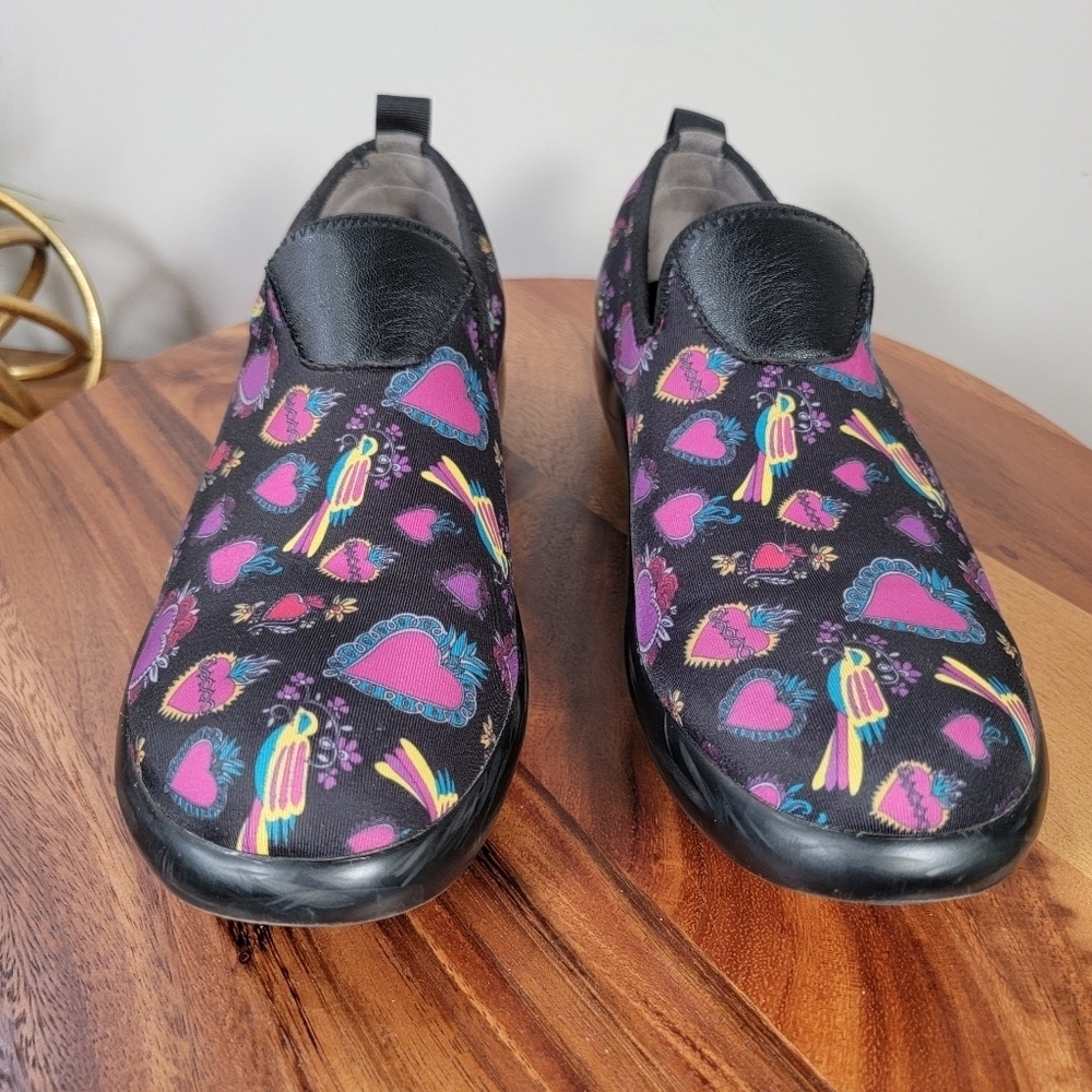 Alegria Eden Frida Slip-On Shoes Size 42 Comfy Work Black Pink Hearts Birds - Picture 9 of 17
